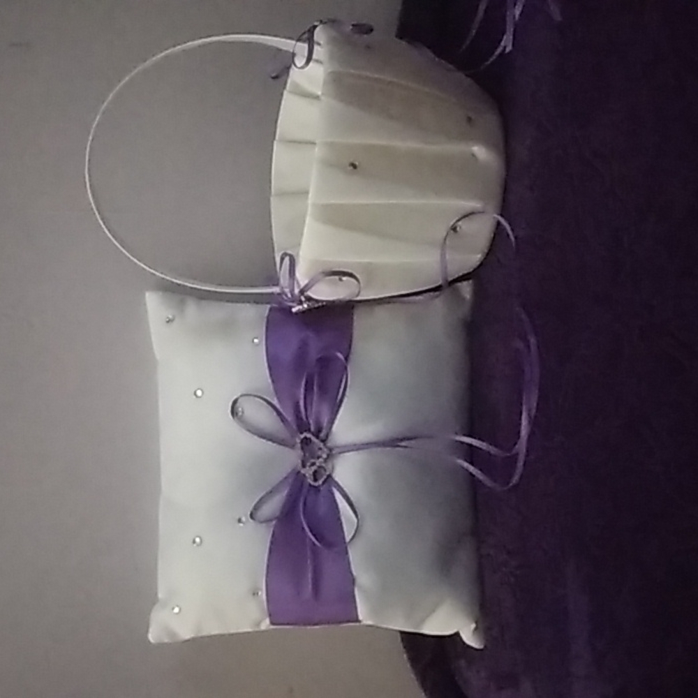 White and purple ring bearer pillow and flower girl basket